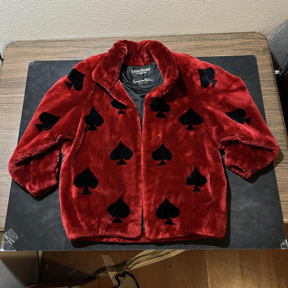 Vintage Louis Féraud Coat Sheered Fur Jacket 1970s Vintage Red Spade Poker Cards